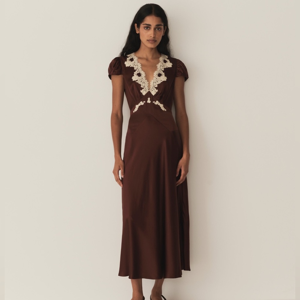 Doen brown silk coraline midi dress Xs